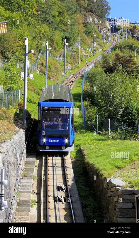 The Floibanen Funicular descends the tracks towards Bergen in Norway ...