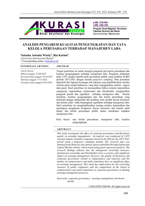 Pdf Analisis Pengaruh Kualitas Pengungkapan Dan Tata Kelola