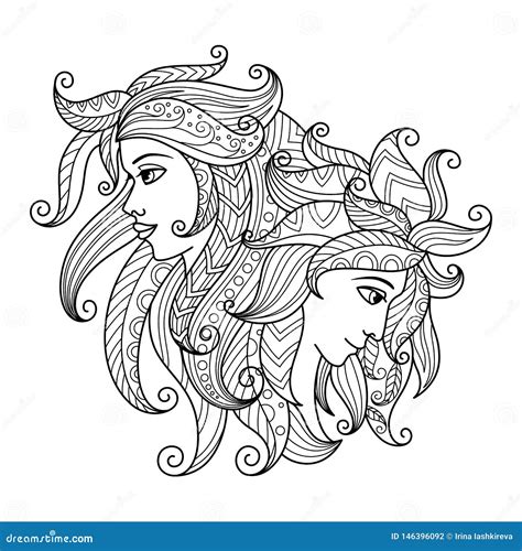 Gemini Zodiac Sign Zentangle Coloring Book Page For Adult Stock