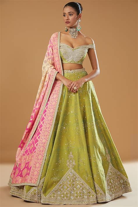 Green And Gold Silk Embellished Bridal Lehenga Set By Matsya At Pernias