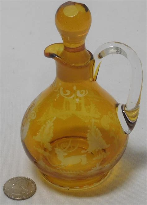 Lot Antique Amber Czech Bohemian Etched Egermann Glass Cruet W