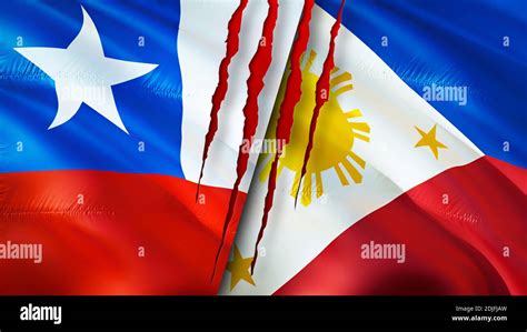 Chile and Philippines flags with scar concept. Waving flag,3D rendering. Chile and Philippines ...