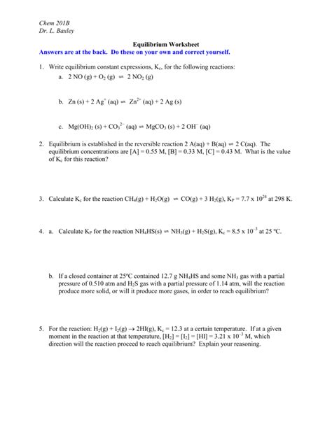 Equilibrium Constant Worksheet With Answers