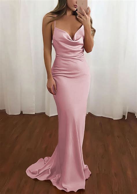 Sheathcolumn Cowl Neck Spaghetti Straps Sweep Train Satin Prom Dress