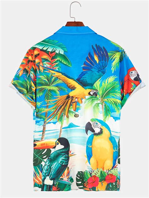 Royaura® Mens Tropical Parrots Casual Printed Hawaiian Vacation Plus