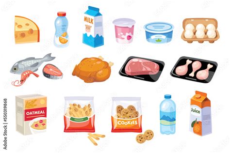 Collection Set Of Cartoon Food And Drink Vector Icons Supermarket