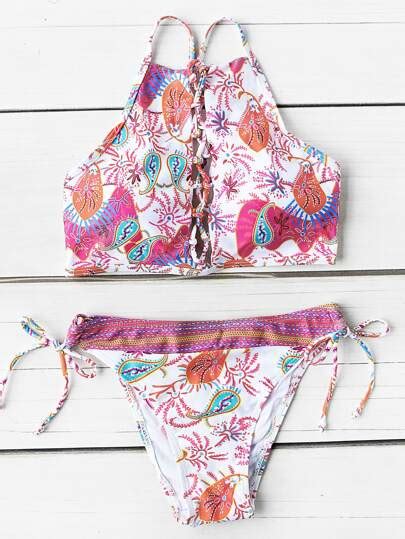 Mixed Print Criss Cross Neck Side Tie Bikini Set SheIn Sheinside