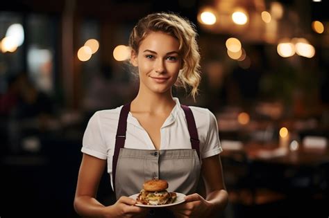 Premium Photo Arafed Woman In Apron Holding A Plate Of Food In A