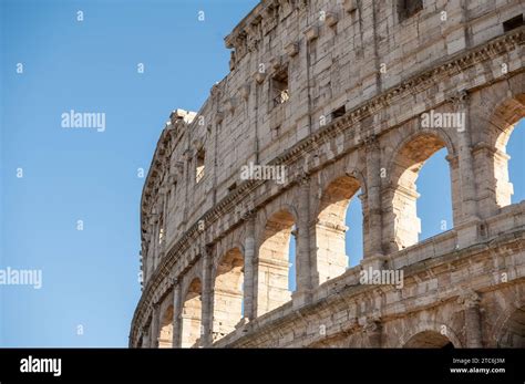 Exterior Panorama Of The Roman Colosseum On A Sunny Day In Rome Italy