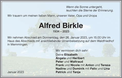 Traueranzeigen Von Alfred Birkle Augsburger Allgemeine Zeitung