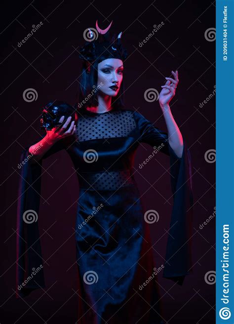 Brunette Model In Gothic Black Outfit Posing With Skull Stock Photo Image Of Person Fantasy