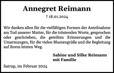 Traueranzeigen Von Annegret Reimann Sh Z Trauer