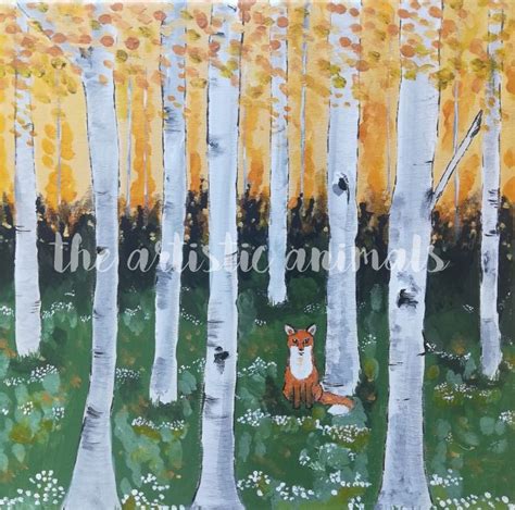 an acrylic painting of a fox sitting in the middle of a forest ...