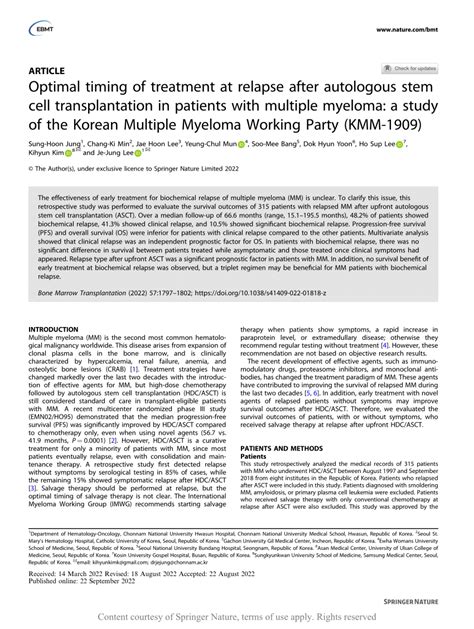 Optimal Timing Of Treatment At Relapse After Autologous Stem Cell Transplantation In Patients