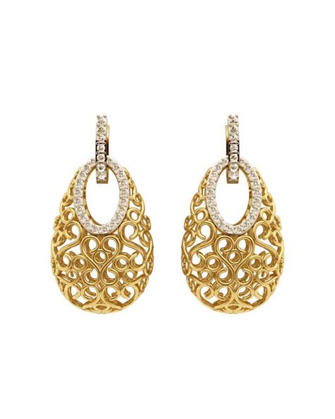 Alluring Fancy Gold Filigree Earrings With Diamonds In Gold Basket Design