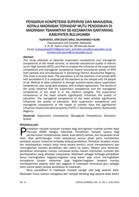 Pdf Pengaruh Kompetensi Supervisi Dan Manajerial Kepala Madrasah
