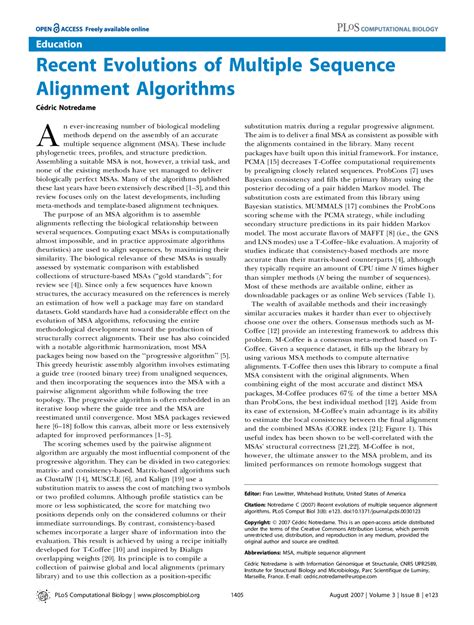 Recent Evolutions of Multiple Sequence Alignment Algorithms | CS 5263 - Docsity