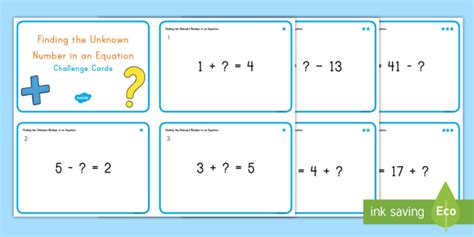 Finding The Unknown Number In Single Digit Equations Challenge Cards