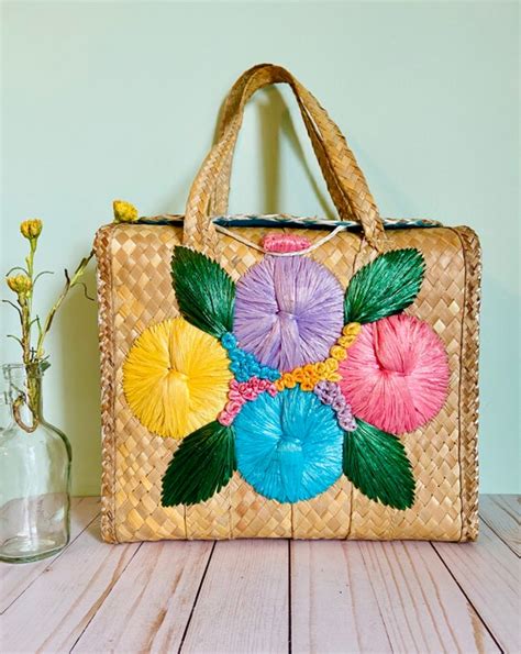 Vintage Straw Woven Rattan Rafia Floral Bag Gem