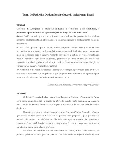 Redação Pronta Sobre Inclusão Escolar - Tema de Redação-Os Desafios Da Educação Inclusiva No Brasil PDF | PDF ...