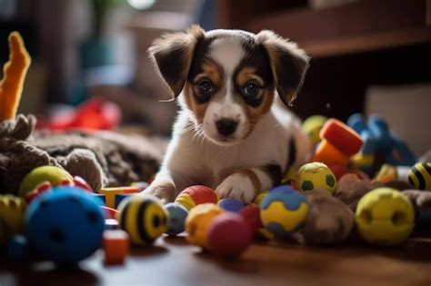 Premium AI Image | cute puppy playing with his toys in living room ...