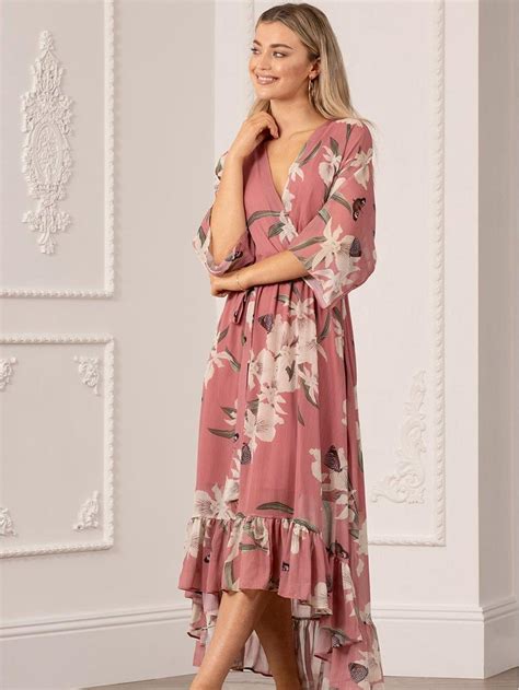 Dresses Yumi Urban Peach Floral Print Kimono Midi Wrap Dress Yumi