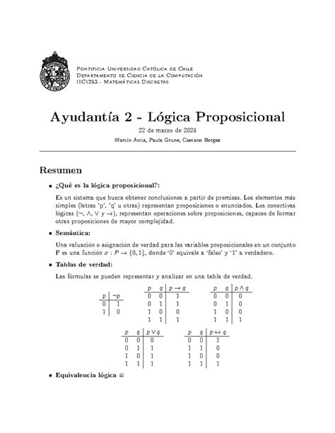 Ejercicios lógica proposicional Pontificia Universidad Cat olica de