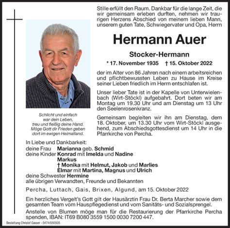 Traueranzeigen Von Hermann Auer Trauer Bz