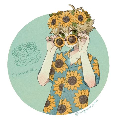 1boy Sunflower Flower Male Focus Green Eyes Solo Green Nails Illustration Images