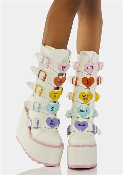 Yru Valentine Heart Buckle Platform Boots White Rainbow Dolls Kill