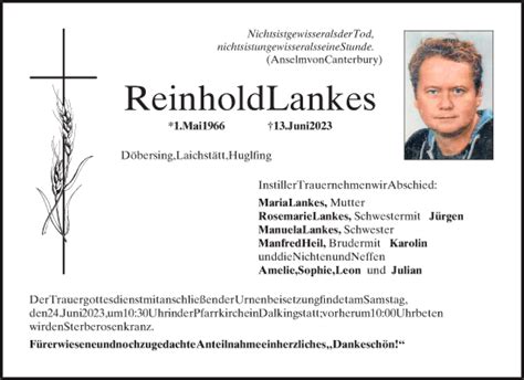 Traueranzeigen Von Reinhold Lankes Mittelbayerische Trauer