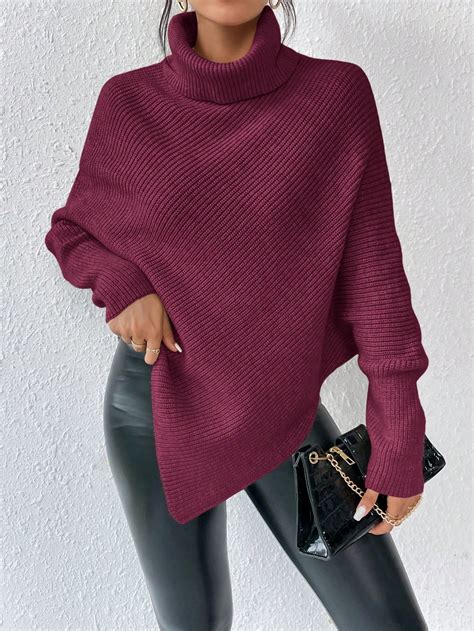 SHEIN Essnce Turtleneck Batwing Sleeve Asymmetrical Hem Sweater SHEIN USA