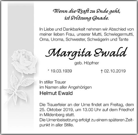 Traueranzeigen Von Margita Ewald Trauer Anzeigen De