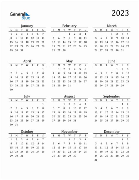 Year 2023 Free Printable 12-Month Calendar