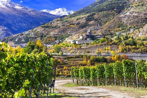 Castles And Vineyards Of Valle D Aosta With Scenic Alps Mountains