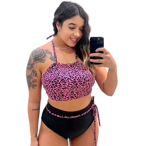 Conjunto Biqu Ni Oncinha Rosa Retro Hot Pants Feminino Bojo E Forro Plus Size Shopee Brasil