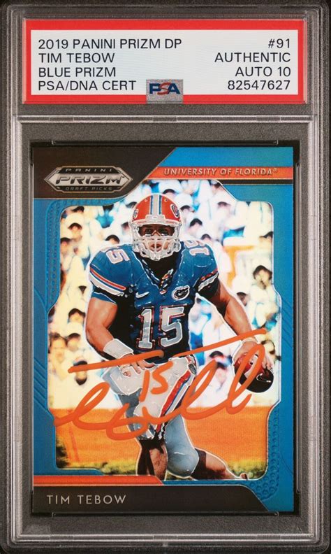 Tim Tebow 2019 Panini Prizm Blue Signed Football Card 91 Auto Graded