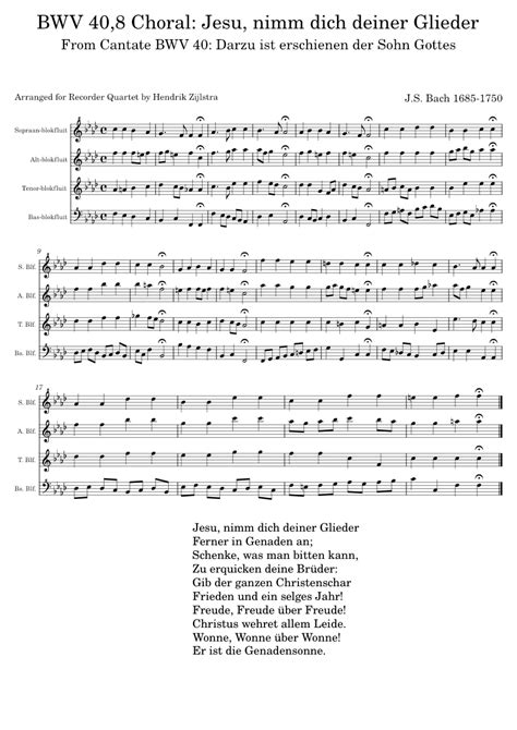 Bwv Choral Jesu Nimm Dich Deiner Glieder Recorder Satb Sheet