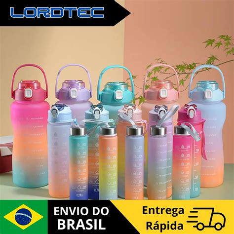 Kit 3 Garrafas De Gua 2L 800ml E 280ml Canudo E Adesivos Squeeze