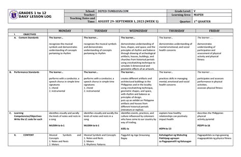 Dll Mapeh 5 Q1 W1 Grades 1 To 12 Daily Lesson Log School Deped Tambayan Grade Level V