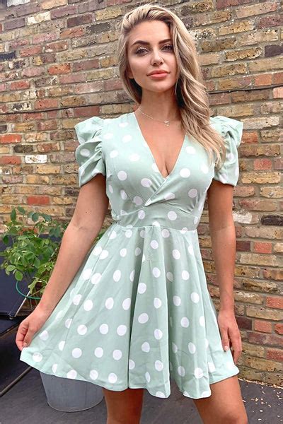 Mint Puff Sleeve Polka Dot Skater Dress Ax Paris