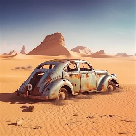 Abandoned Vintage Car in the Sahara Stock Illustration - Illustration ...