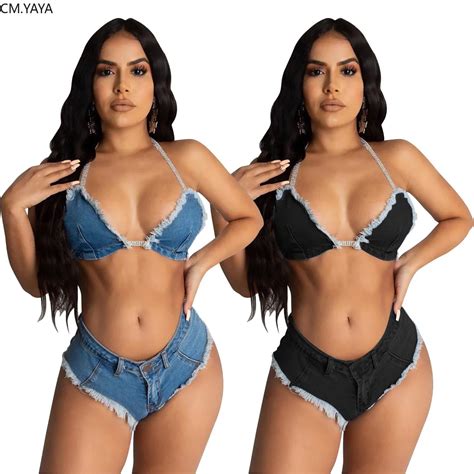 CM YAYA Conjunto De Bikini De Tela Vaquera Para Mujer Top Corto Y