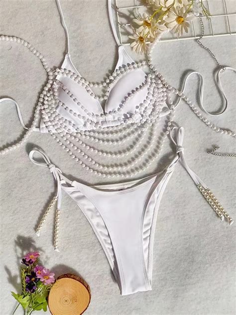 With Pearls Chains Halter High Cut Bikini Female Swimsuit Women Swimwear Three Pieces Bikini Set