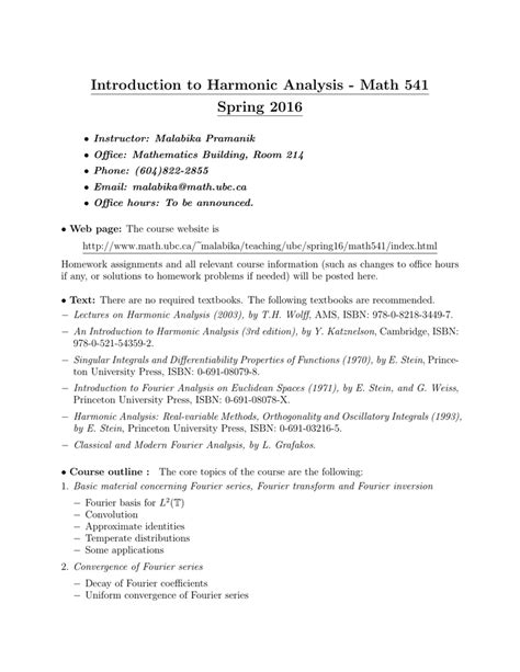 Introduction To Harmonic Analysis Math 541 Spring 2016