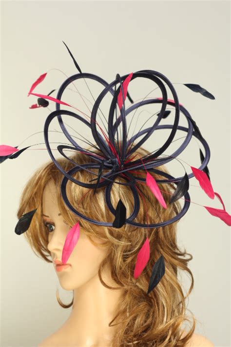 Navy Blue And Hot Pink Satin Loop Feather Fascinator Hat Mandy Maighread Stuart Millinery