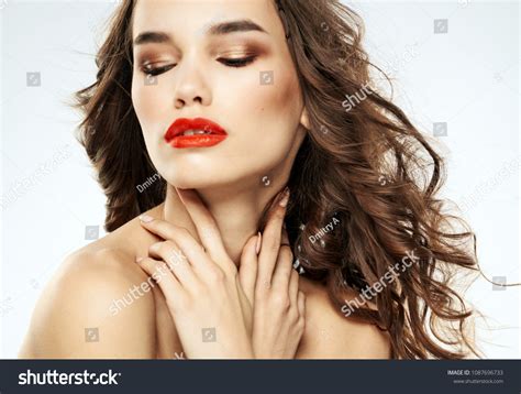 Naked Shoulders Beautiful Brunette Red Lips Stock Photo Edit Now