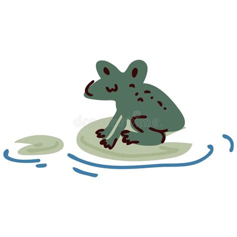 Cute Cartoon Frog On Pond Lily Pad Lineart Vector Illustration Simple Amphibian Sticker Clipart