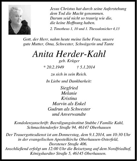 Traueranzeigen Von Anita Herder Kahl Trauer In NRW De