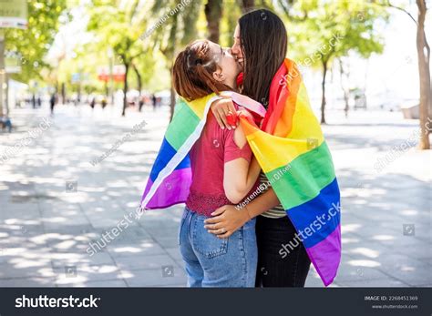Lesbian Couple Covered Rainbow Colored Flag Stock Photo Shutterstock